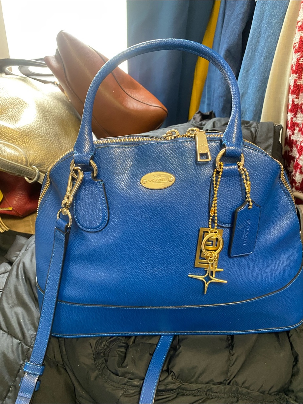 Coach Royal Blue Pebbled Leather Satchel with Gold Accents